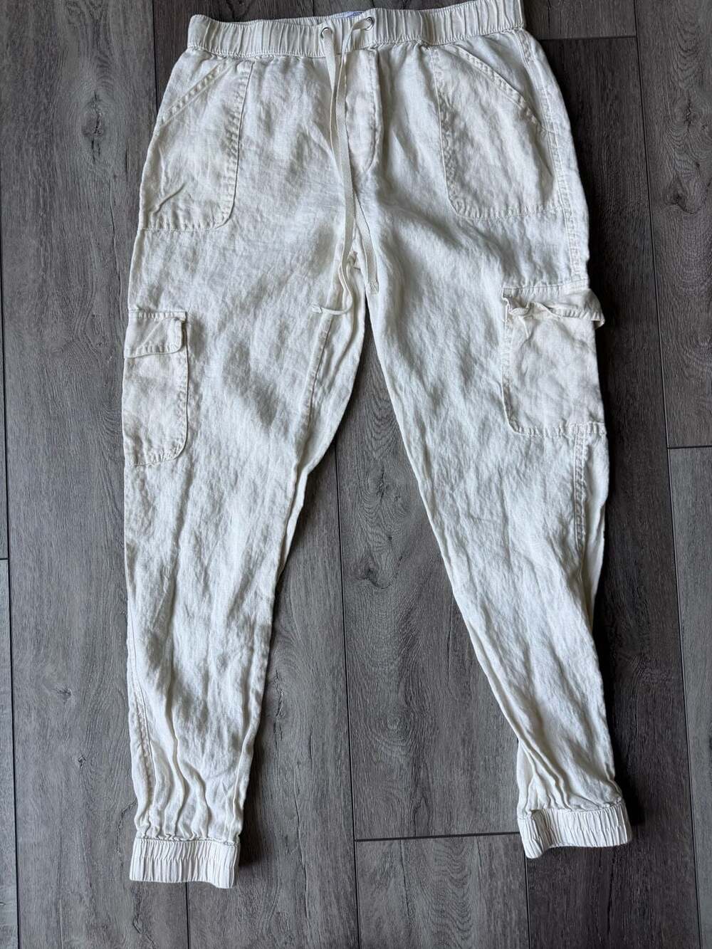 Nicole Miller New York 100% Linen Cargo Jogger Pants Cream Size M